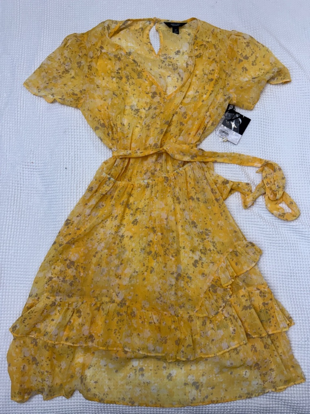 Yellow Floral SIMPLY VERA VERA WANG Wrap Dress with Ruffle Hem - Medium